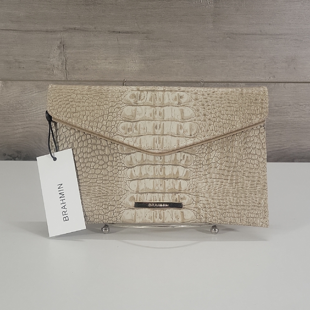 Brahmin Beige Croc-Embossed Leather Envelope Clutch Handbag NWT